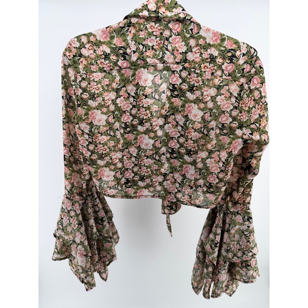 Vintage 90s Floral Tie Front Crop Top Bell Sleeve Ruffle Festival Boho Small - Picture 6 of 10